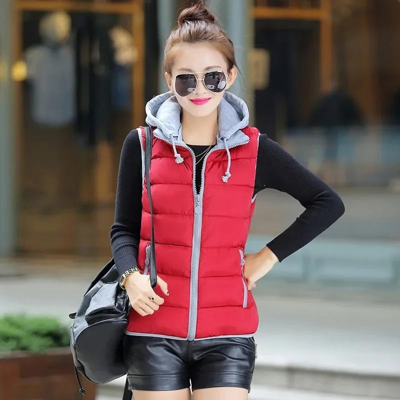 New Autumn Women Vest Winter Puffer Parkas Coat Casual Pocket Hooded Waistcoat Female Sleeveless Jacket Lightweight Outerwear