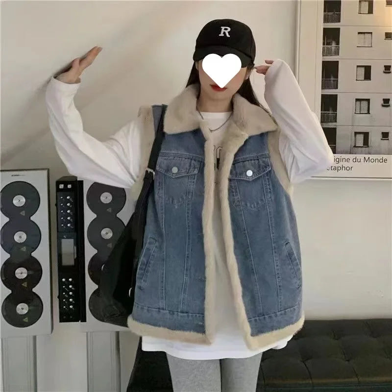 Women's Autumn/Winter Thickened Warm Fleece-Lined Loose-Fit Lapel Vest Top Lamb Woollen Jacket