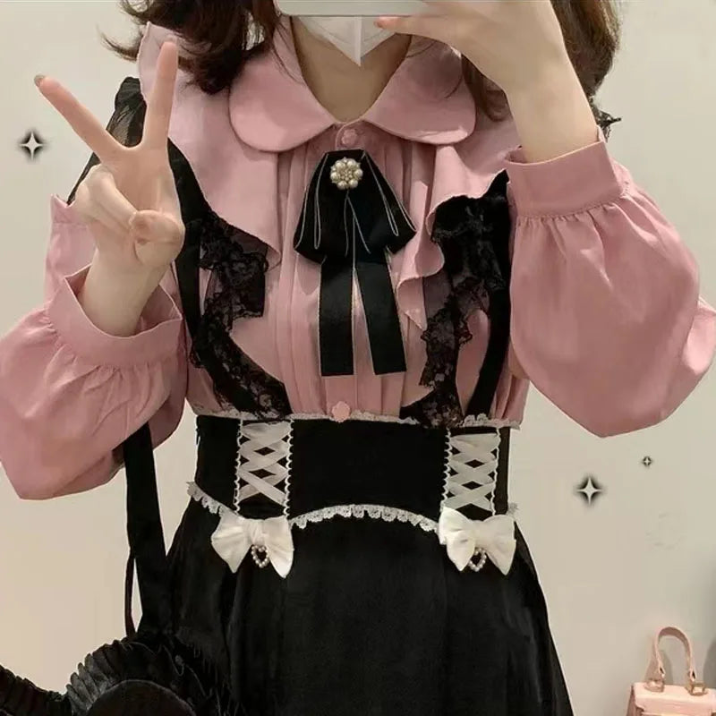 Kawaii Women Shirts Lolita Y2K Cute Japanese Style Blouse Elegant Long Sleeve Sweet Lace Off-Shoulder Aesthetic Shirt Tops