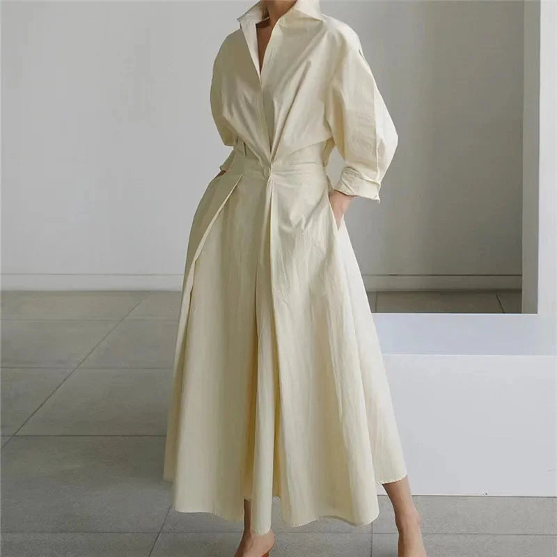 Fashionable Large Size Polo Collar Nine Sleeve Loose A- Line Dress Commute Elegant Swing Skirt Chinese Style Women's Dress