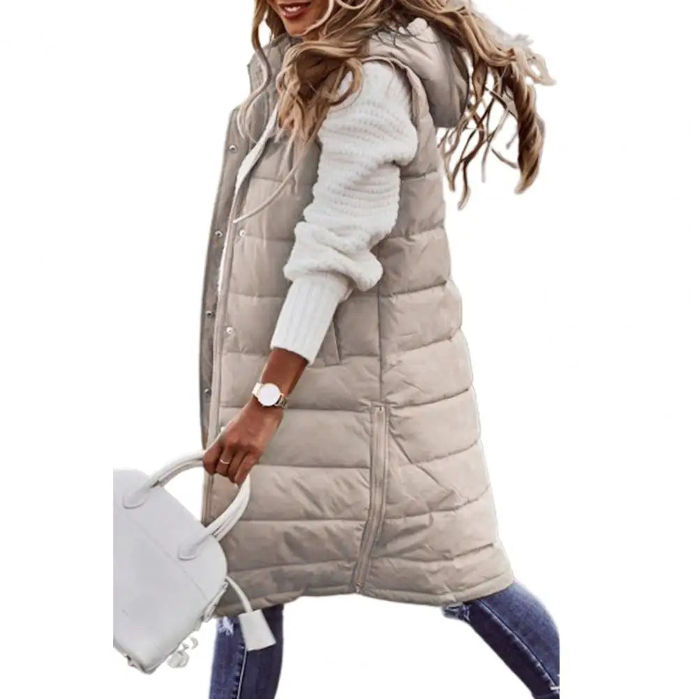 Women Winter Vest Coat Padded Solid Color Sleeveless Hooded Mid Length Slim Fit Zipper Hem Pockets Lady Long Winter Waistcoat