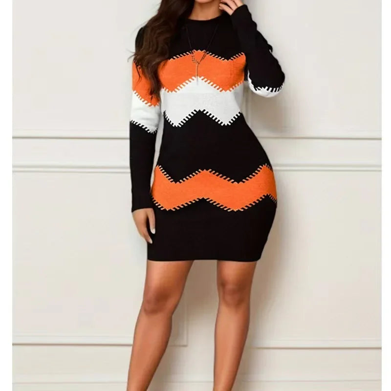 Women's Mid-Length Short Dress round Neck Long Sleeve Printed Knitted Wrap Body Dress Fashionable Chinese Style Clothing