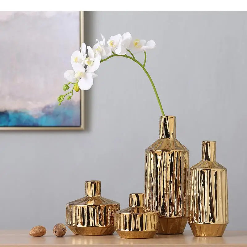 Golden Ceramic Stripe Vase – Elegant Modern Home Accessories for Stylish Décor
