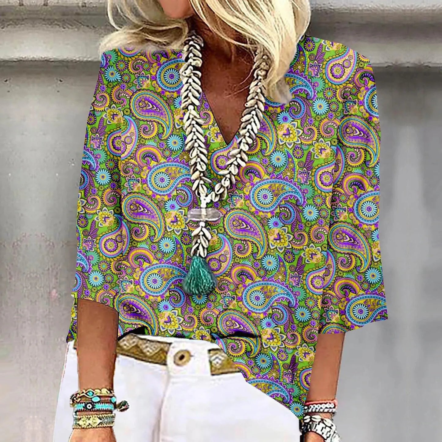 Women's Shirt Blouse Loose Shirts 3/4 Sleeve Print V Neck Tops Print Tops T-shirts Tee Tops for Women Womens Tops and Blouses