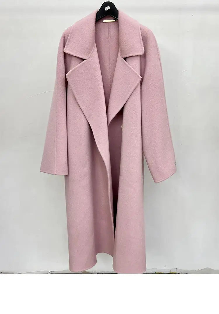 Handmade Office Lady Double-Breasted Woolen Alpaca Jackets 2024 Autumn And Winter Lace Up Loose Long Women's Wool Coats