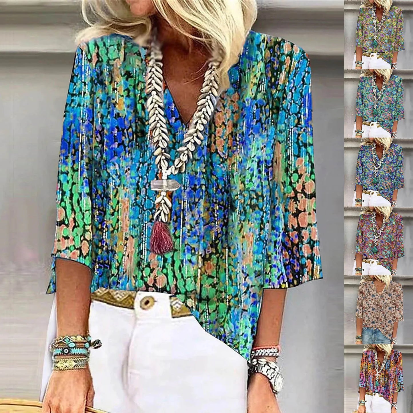 Women's Shirt Blouse Loose Shirts 3/4 Sleeve Print V Neck Tops Print Tops T-shirts Tee Tops for Women Womens Tops and Blouses