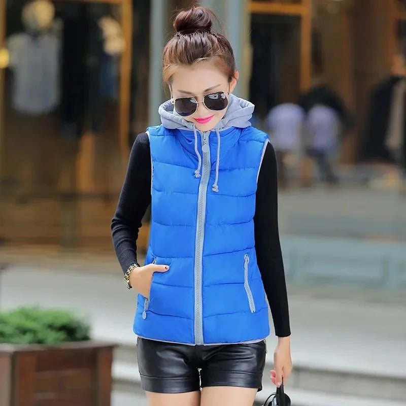 New Autumn Women Vest Winter Puffer Parkas Coat Casual Pocket Hooded Waistcoat Female Sleeveless Jacket Lightweight Outerwear