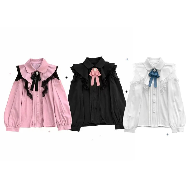 Kawaii Women Shirts Lolita Y2K Cute Japanese Style Blouse Elegant Long Sleeve Sweet Lace Off-Shoulder Aesthetic Shirt Tops