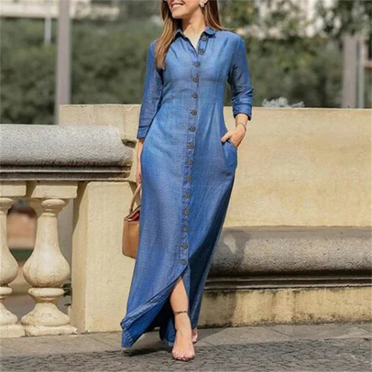 New Cross-Border Long Dress Shirt Collar-Pocket Big Skirt Plus Size Casual Denim Dress Q327
