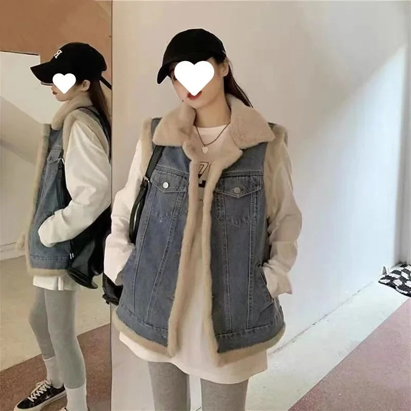 Women's Autumn/Winter Thickened Warm Fleece-Lined Loose-Fit Lapel Vest Top Lamb Woollen Jacket