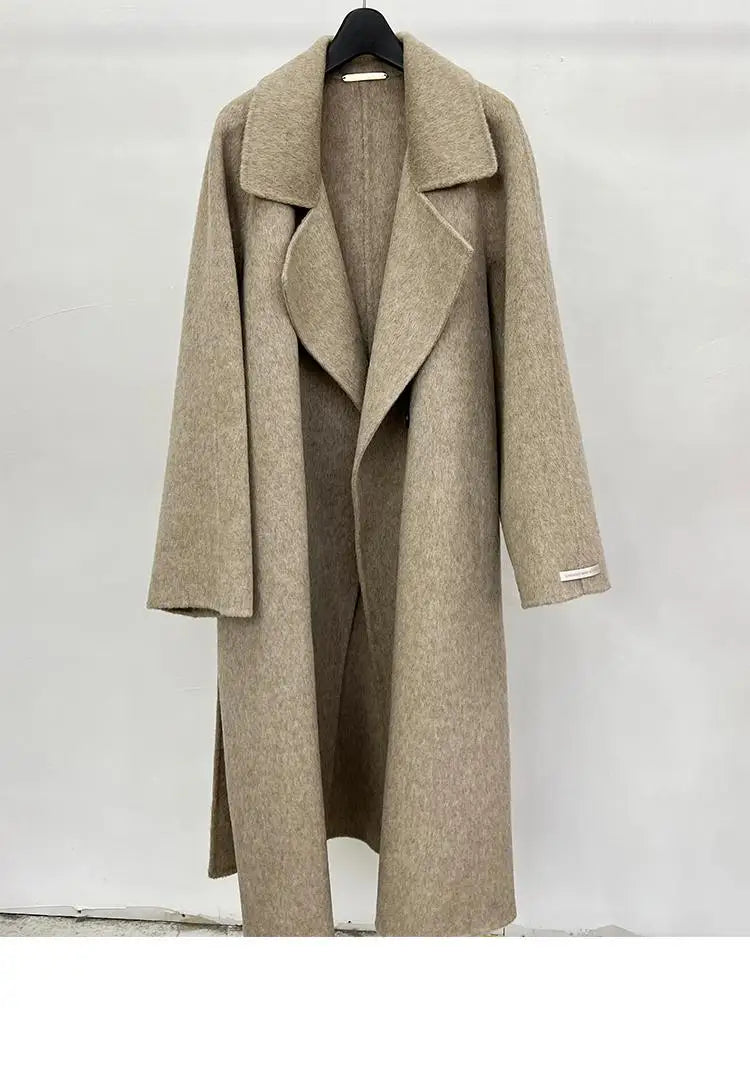 Handmade Office Lady Double-Breasted Woolen Alpaca Jackets 2024 Autumn And Winter Lace Up Loose Long Women's Wool Coats