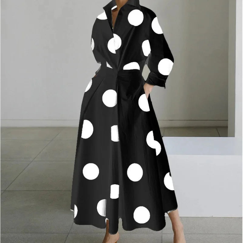 Fashionable Large Size Polo Collar Nine Sleeve Loose A- Line Dress Commute Elegant Swing Skirt Chinese Style Women's Dress
