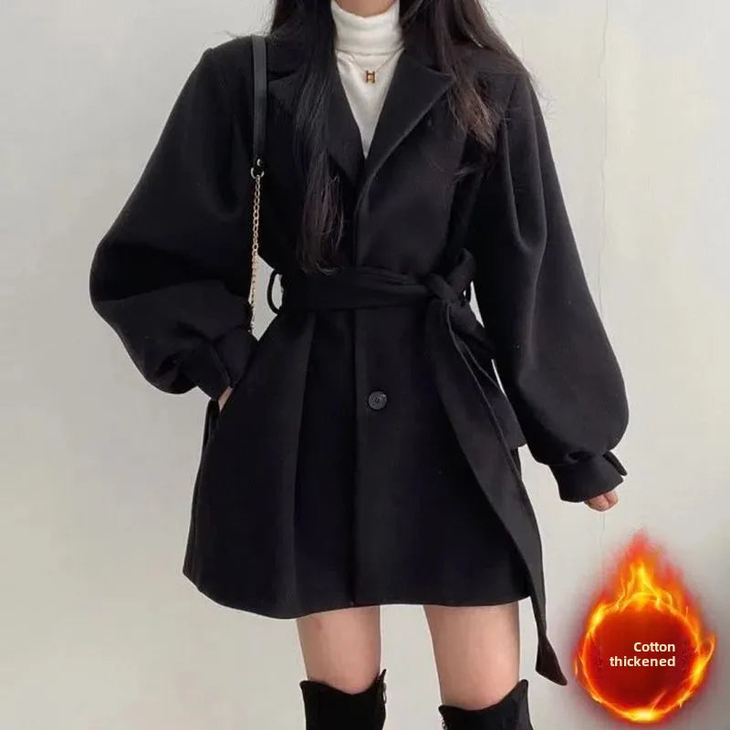 Retro Hong Kong Style Autumn Winter Thick Woolen Coat Belted Waist Lantern Sleeve Tie Design Women's Fashion Outerwear
