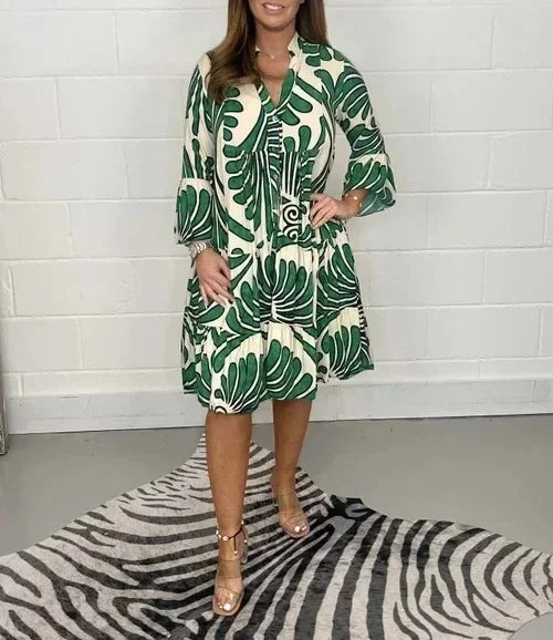 Spring Summer Hot Sale Of The Season Casual Ladies Print Loose Fit V-neck Knee-length Dress Wide Sleeve Women's Fashion Cross-bo