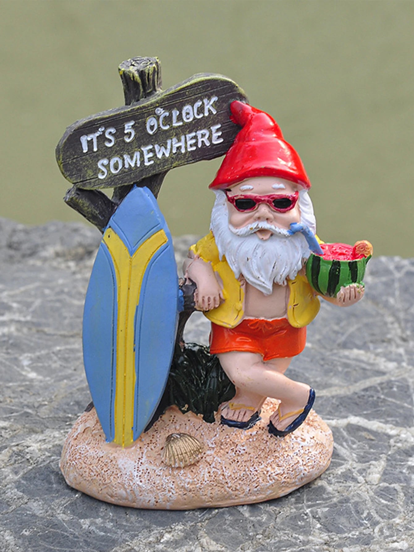 Surfboard Gnome Statue โ Summer Garden Ornament for Whimsical Outdoor Decor