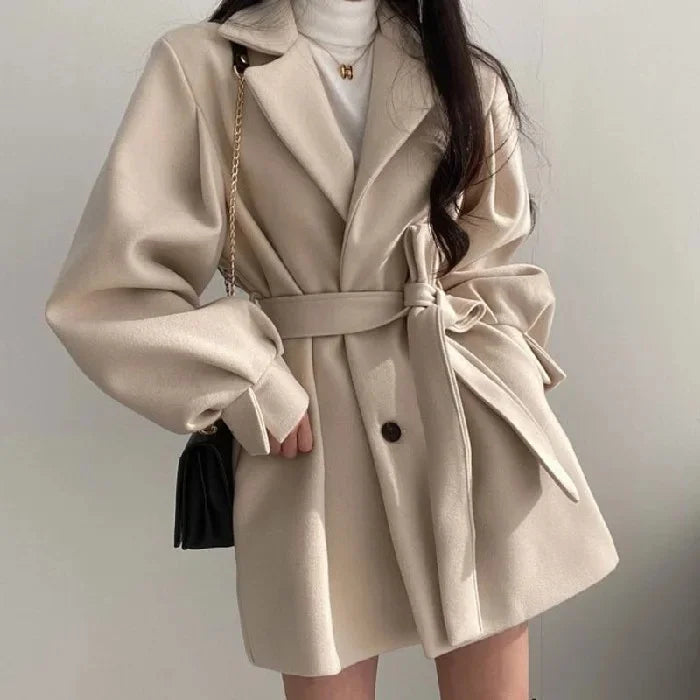 Retro Hong Kong Style Autumn Winter Thick Woolen Coat Belted Waist Lantern Sleeve Tie Design Women's Fashion Outerwear