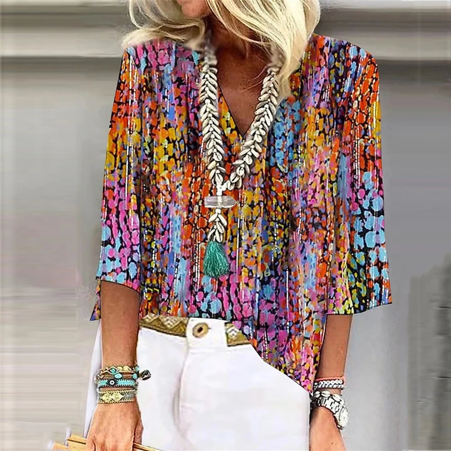 Women's Shirt Blouse Loose Shirts 3/4 Sleeve Print V Neck Tops Print Tops T-shirts Tee Tops for Women Womens Tops and Blouses