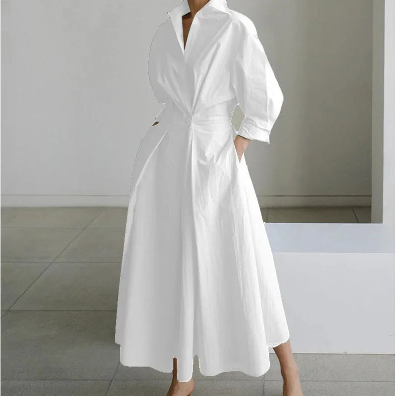 Fashionable Large Size Polo Collar Nine Sleeve Loose A- Line Dress Commute Elegant Swing Skirt Chinese Style Women's Dress