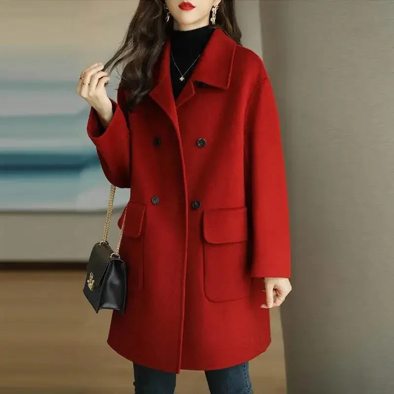 Elegant Korean Style Women's Woolen Coat Autumn Winter Thickened Medium Length Loose Outerwear for Short Women