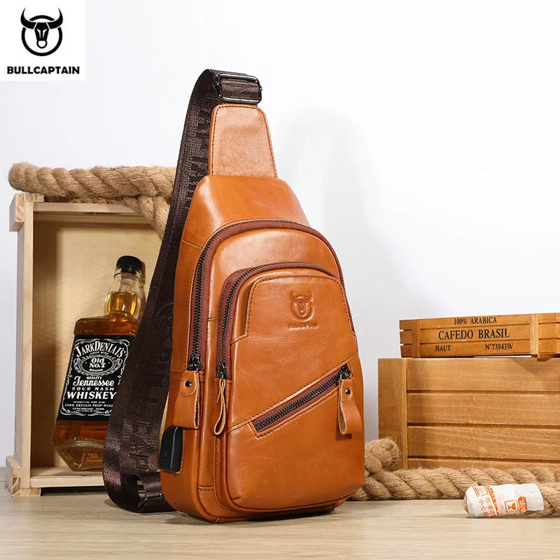 BULLCAPTAIN The Latest Men's Leather Chest Bag Large Capacity Casual Men's Messenger Bag Classic Leather Chest Bag XB 127