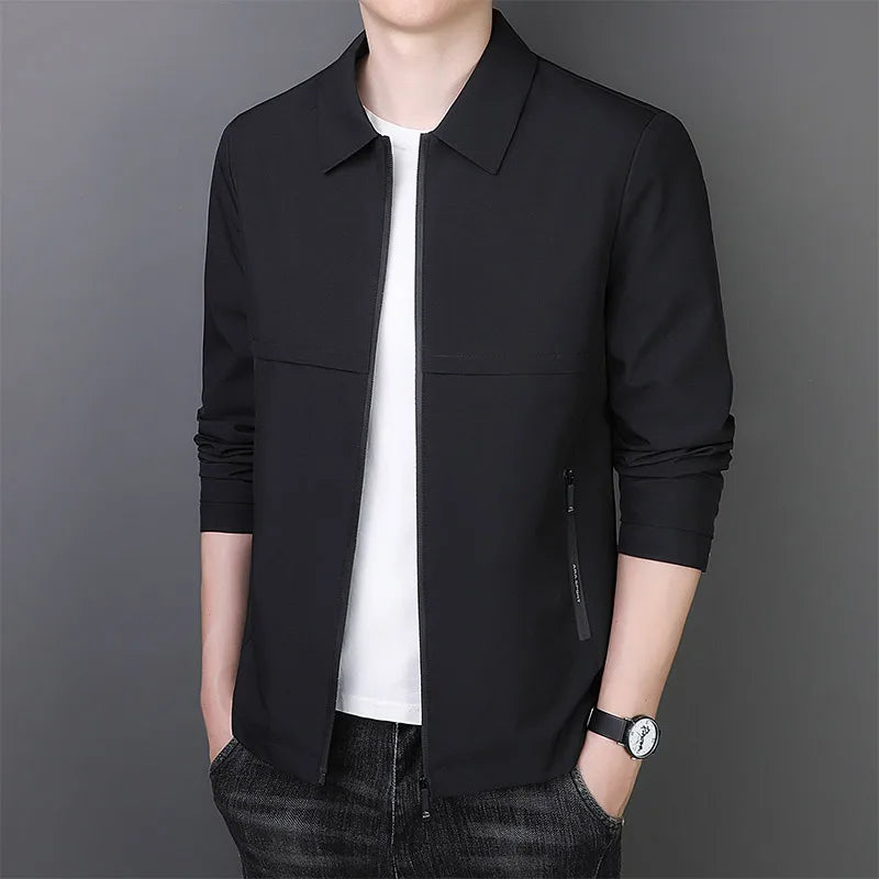 Casual Business Men Windbreaker Jackets Mid Length Business Jacket with Turn-down Collar Zipper Design for Fall Spring Seasons