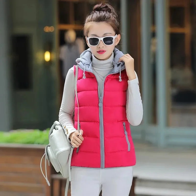 New Autumn Women Vest Winter Puffer Parkas Coat Casual Pocket Hooded Waistcoat Female Sleeveless Jacket Lightweight Outerwear