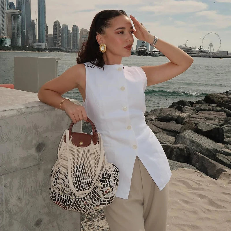 White Sleeveless Vest Women Button Summer Vests for Women Jackets Pink Vest Top Women Streetwear Women's Tailored Vest