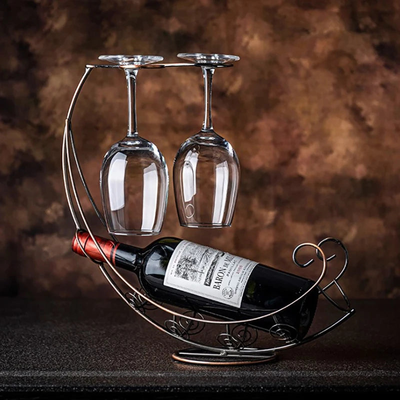 Unique Home Decor: Creative Metal Wine Rack with Hanging Glass Holder – Perfect for Bar and Dining Spaces