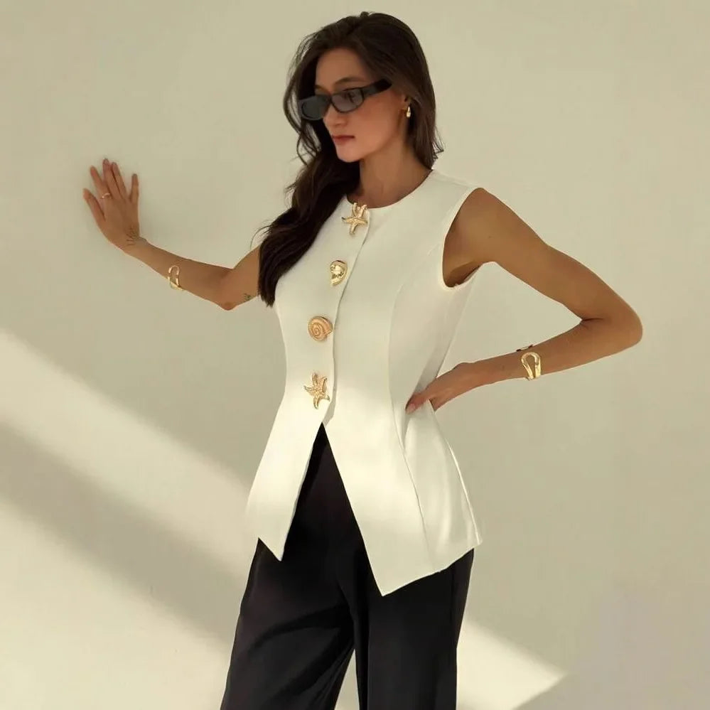 Loose Artistic Women's Vest New Style British Style V-Neck Versatile Waist-Cinching Top Polyester Fiber Outerwear
