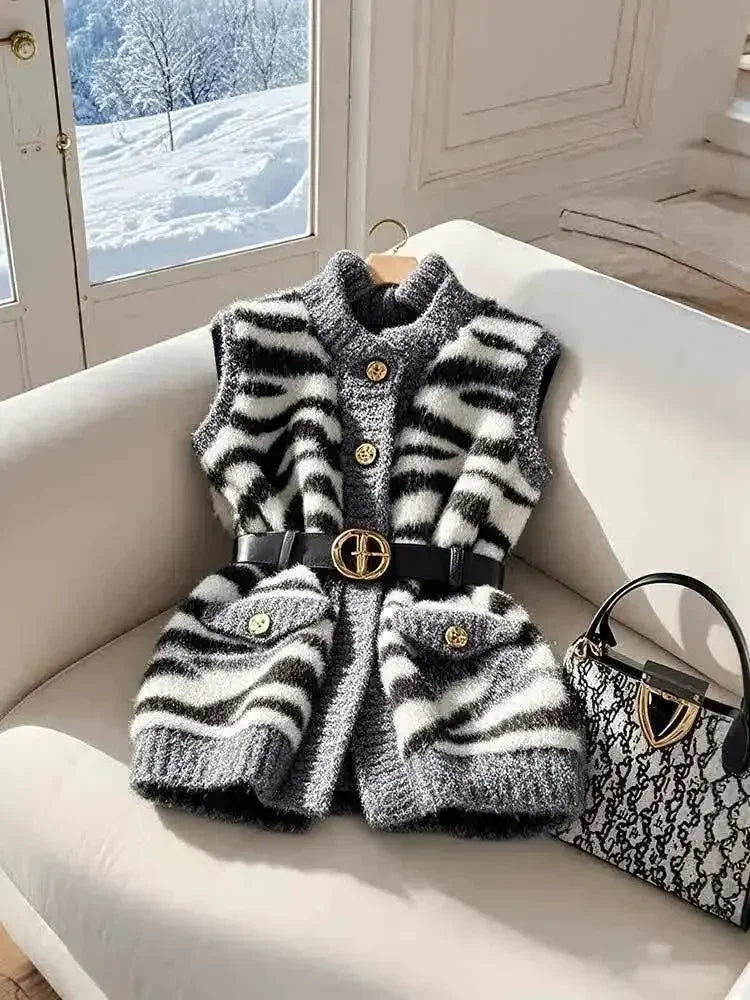 Gray Zebra Stripes Knitted Blazers Vest for Women Winter Cardigan Jackets Sleeveless Sweater Vest Y2K Fashion Office Lady Formal