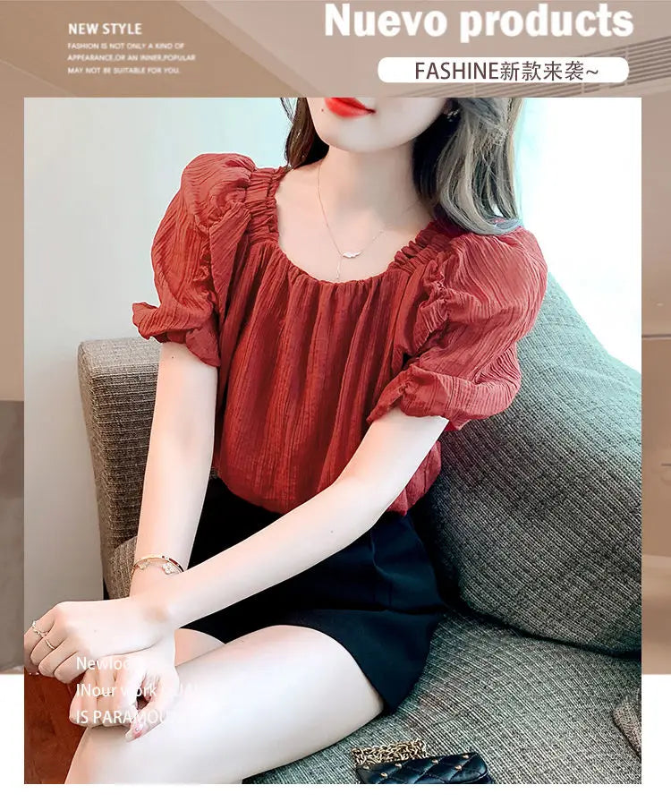 Retro Ruffle French Bubble Sleeve Chiffon Blouse Women Off-Shoulder Sweet Fresh Shirt
