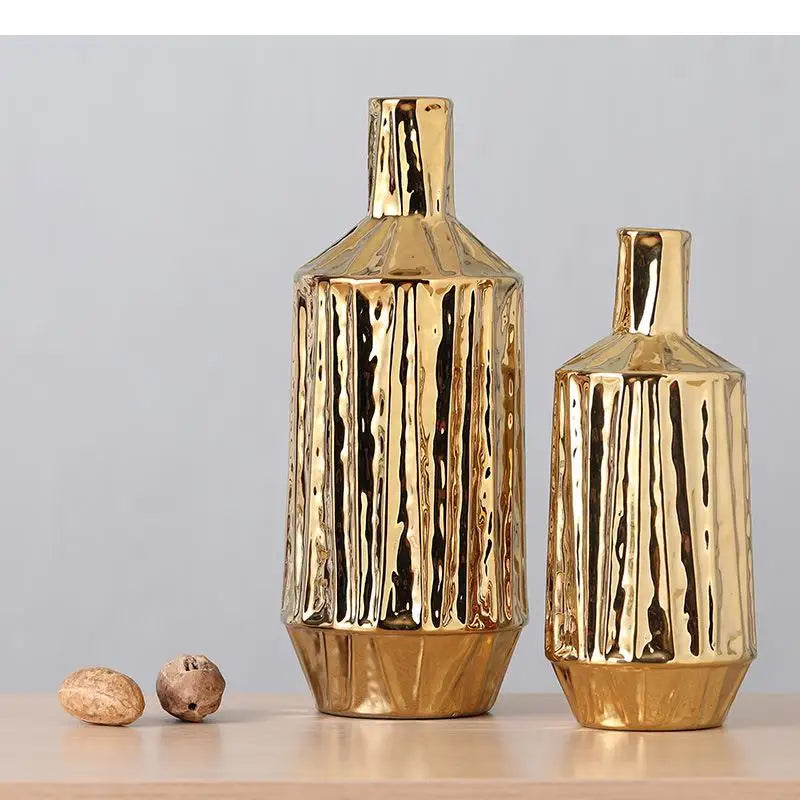 Golden Ceramic Stripe Vase – Elegant Modern Home Accessories for Stylish Décor