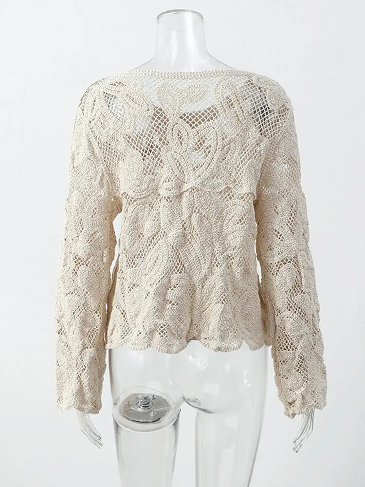 Elegant Beige Casual Hollow Out Shirts Women's Vintage Hook Floral Lace Long Sleeve Button Blouse French Tops Blouses Clothes