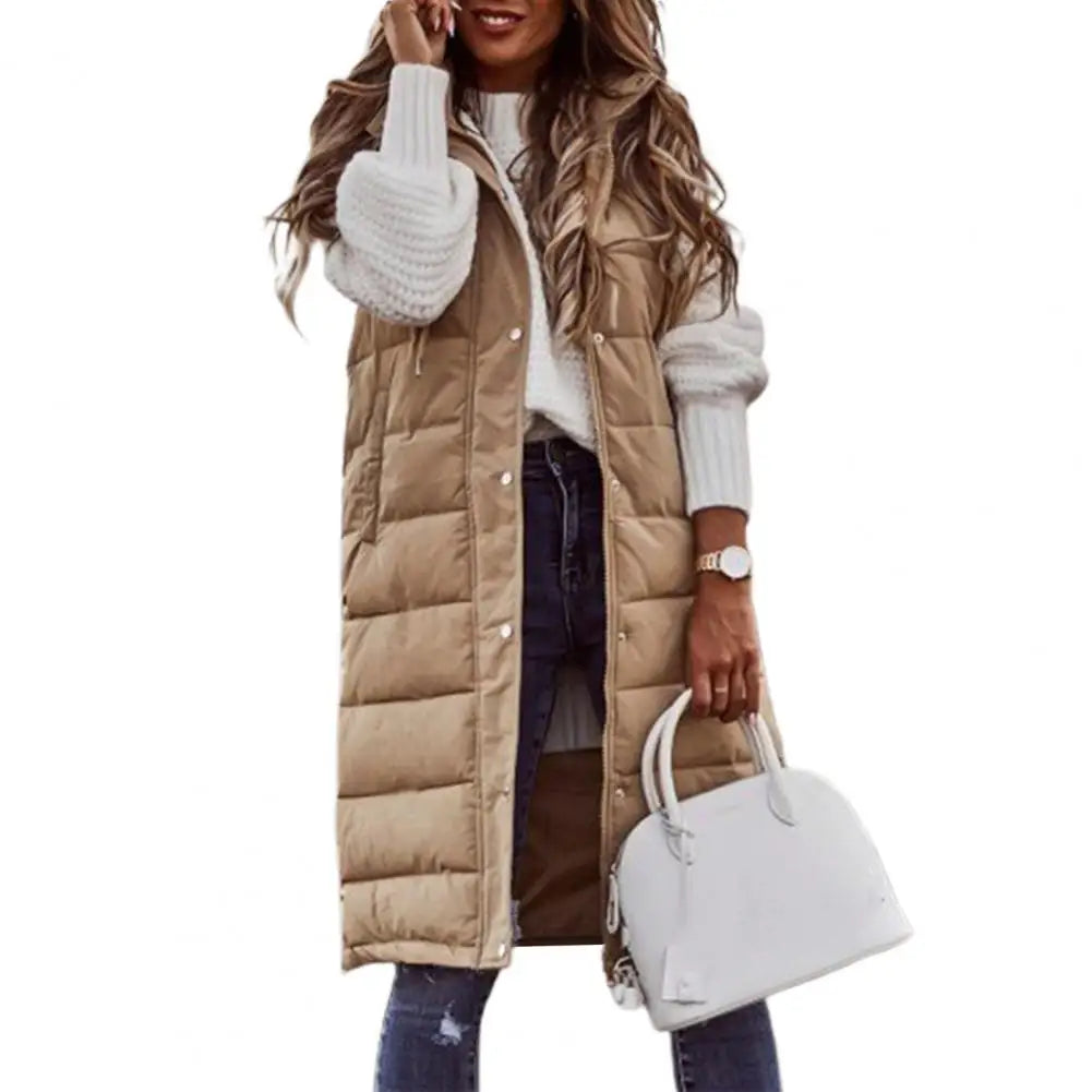 Women Winter Vest Coat Padded Solid Color Sleeveless Hooded Mid Length Slim Fit Zipper Hem Pockets Lady Long Winter Waistcoat