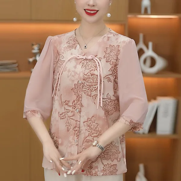 Elegant Summer Shirts for Moms Chinese Style Blouses for Senior Women