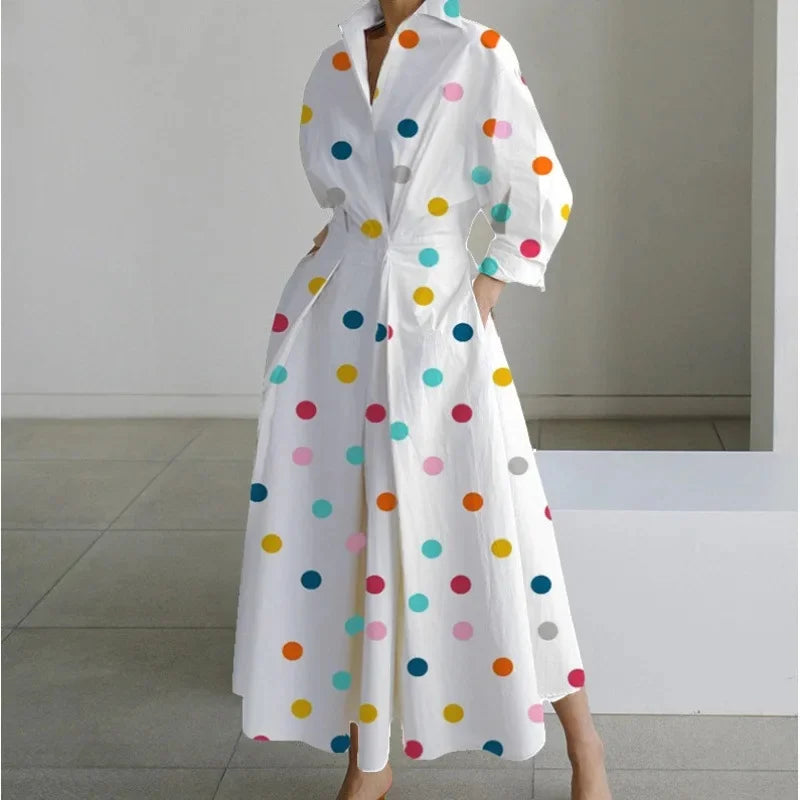Fashionable Large Size Polo Collar Nine Sleeve Loose A- Line Dress Commute Elegant Swing Skirt Chinese Style Women's Dress