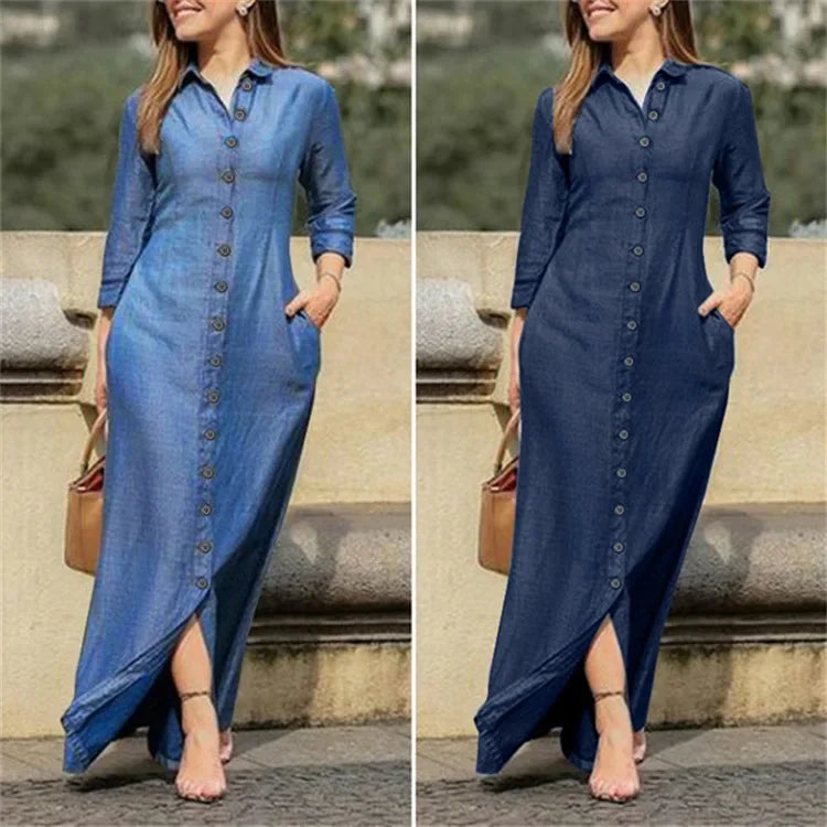 New Cross-Border Long Dress Shirt Collar-Pocket Big Skirt Plus Size Casual Denim Dress Q327
