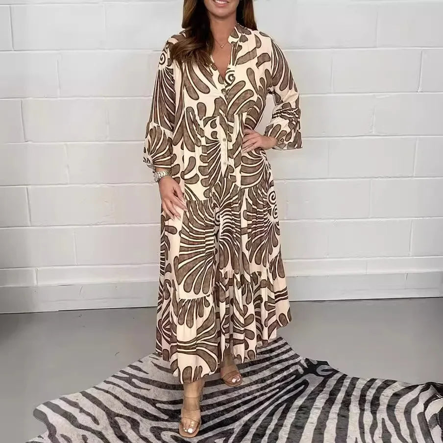 Spring Summer Hot Sale Of The Season Casual Ladies Print Loose Fit V-neck Knee-length Dress Wide Sleeve Women's Fashion Cross-bo