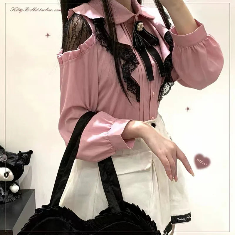 Kawaii Women Shirts Lolita Y2K Cute Japanese Style Blouse Elegant Long Sleeve Sweet Lace Off-Shoulder Aesthetic Shirt Tops
