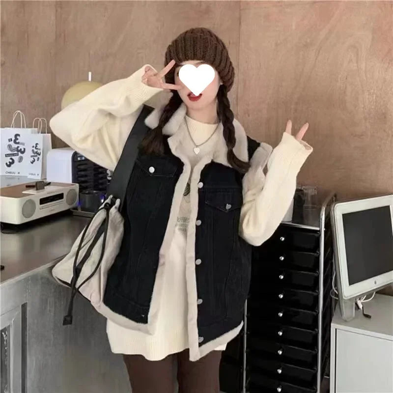 Women's Autumn/Winter Thickened Warm Fleece-Lined Loose-Fit Lapel Vest Top Lamb Woollen Jacket