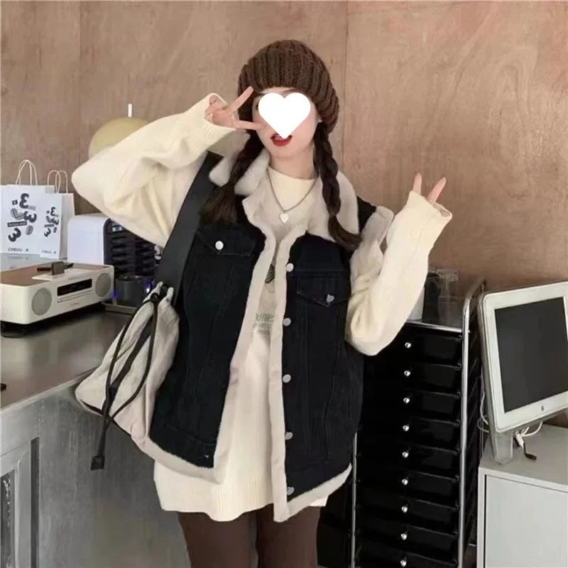 Women's Autumn/Winter Thickened Warm Fleece-Lined Loose-Fit Lapel Vest Top Lamb Woollen Jacket