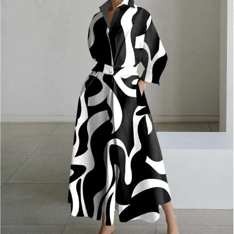 Fashionable Large Size Polo Collar Nine Sleeve Loose A- Line Dress Commute Elegant Swing Skirt Chinese Style Women's Dress