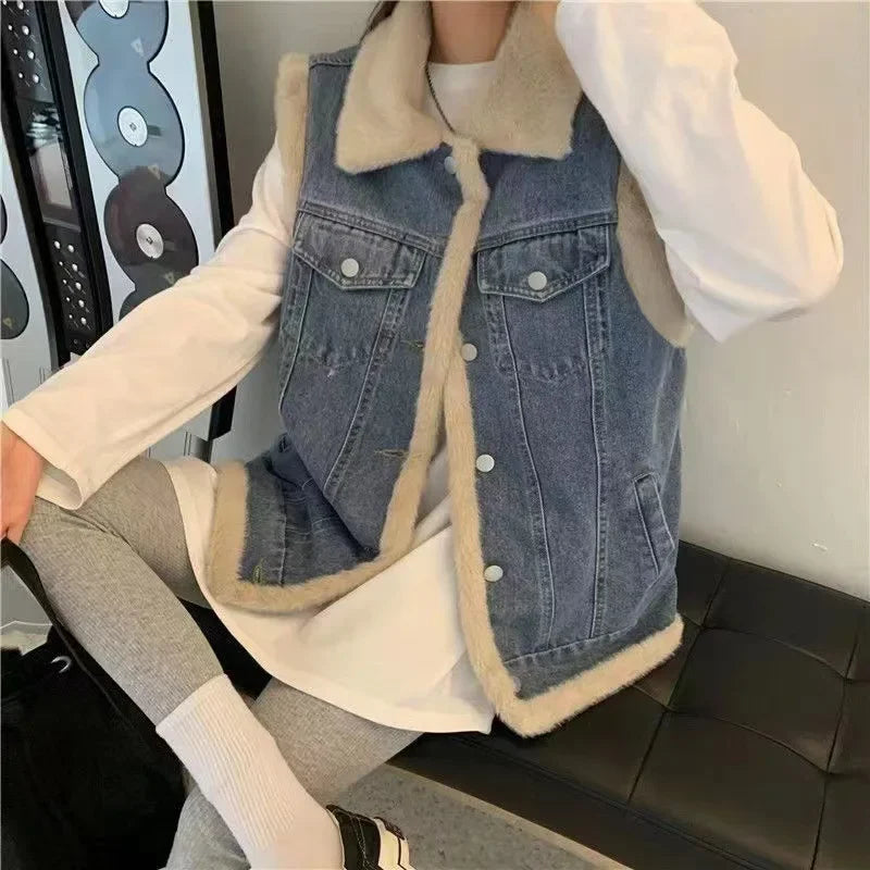 Women's Autumn/Winter Thickened Warm Fleece-Lined Loose-Fit Lapel Vest Top Lamb Woollen Jacket