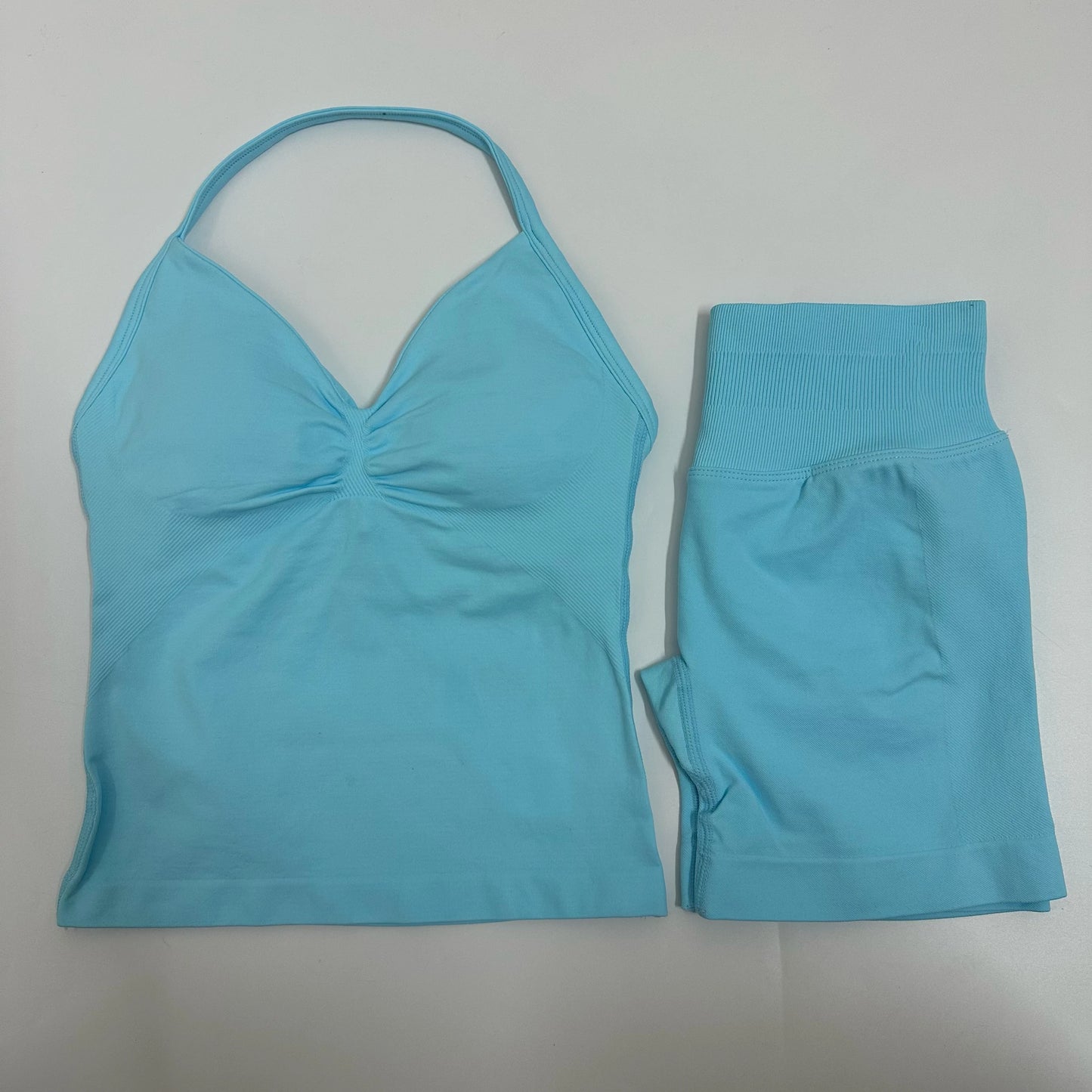 2 Pieces Women Yoga Set Seamless Yoga Longline Strappy Tank Top Scrunch Sports Shorts Gym Clothes Woman Summer Workout Outfit