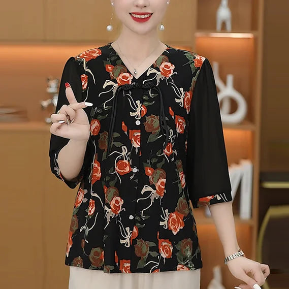 Elegant Summer Shirts for Moms Chinese Style Blouses for Senior Women