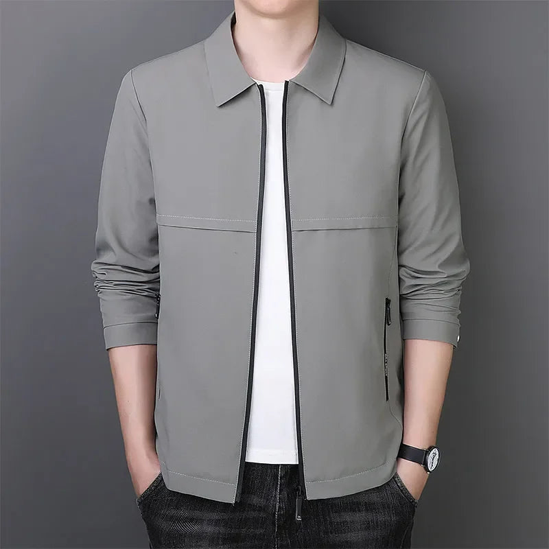 Casual Business Men Windbreaker Jackets Mid Length Business Jacket with Turn-down Collar Zipper Design for Fall Spring Seasons