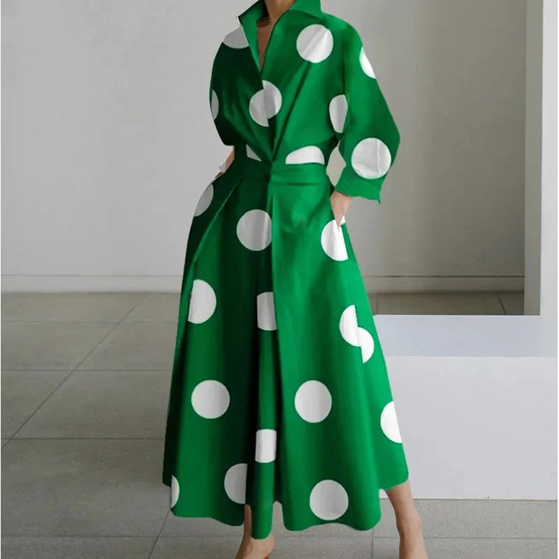 Fashionable Large Size Polo Collar Nine Sleeve Loose A- Line Dress Commute Elegant Swing Skirt Chinese Style Women's Dress