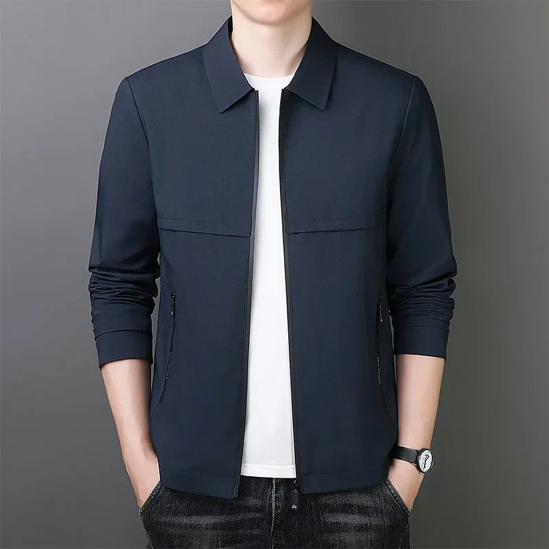 Casual Business Men Windbreaker Jackets Mid Length Business Jacket with Turn-down Collar Zipper Design for Fall Spring Seasons