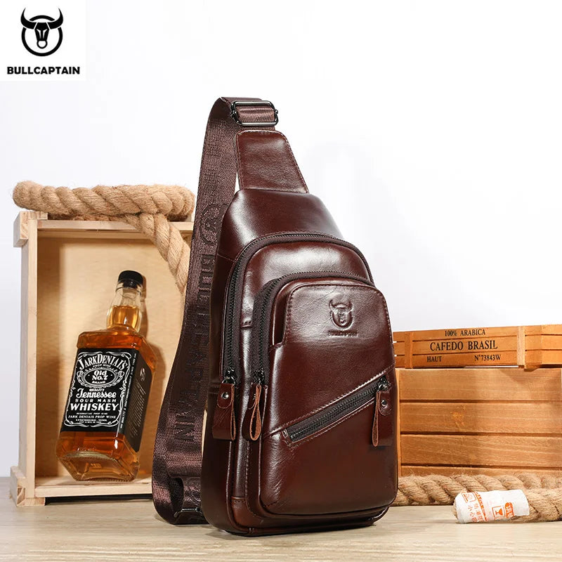 BULLCAPTAIN The Latest Men's Leather Chest Bag Large Capacity Casual Men's Messenger Bag Classic Leather Chest Bag XB 127