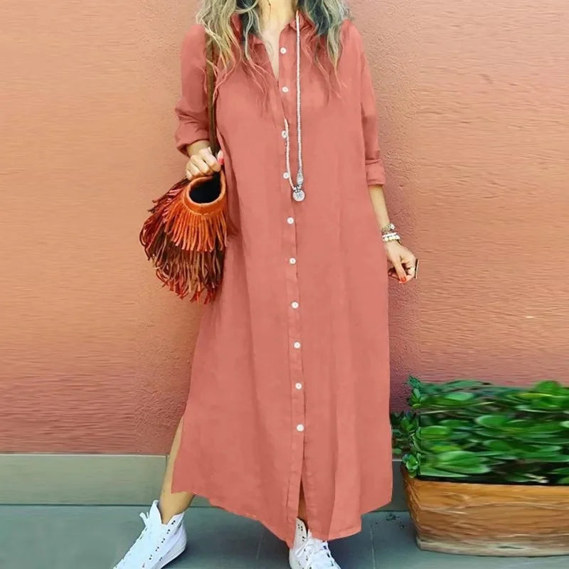 Spring Autumn New Style Women's Cotton Linen Open Cardigan Shirt Dress Long Sleeve Turn-down Collar Loose Casual Elegant Pure Co